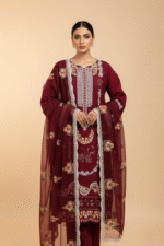 Full view of Red Embroidered Cotton Dress 3-piece suit