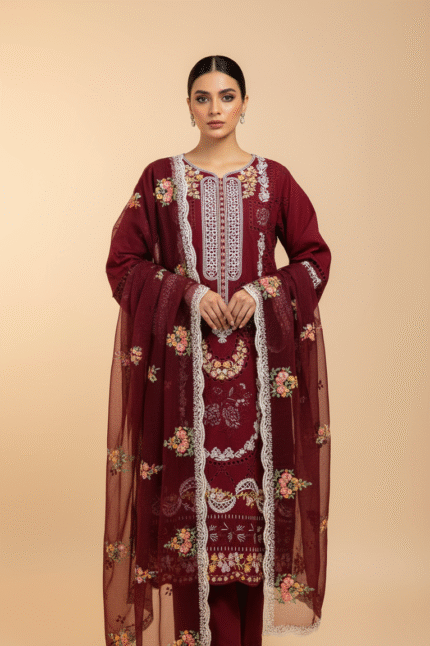 Full view of Red Embroidered Cotton Dress 3-piece suit