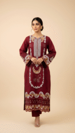 Matching dupatta and plain trousers of the Red Embroidered Cotton Suite