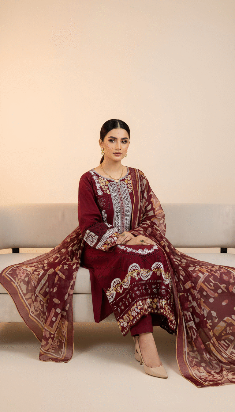 Close-up of intricate threadwork on Red Embroidered Cotton Dress