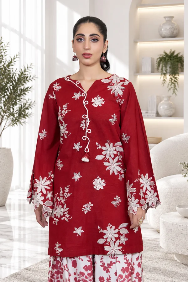 D7-_1 Crimson Embroidered Khaddar Set by LARISHE
