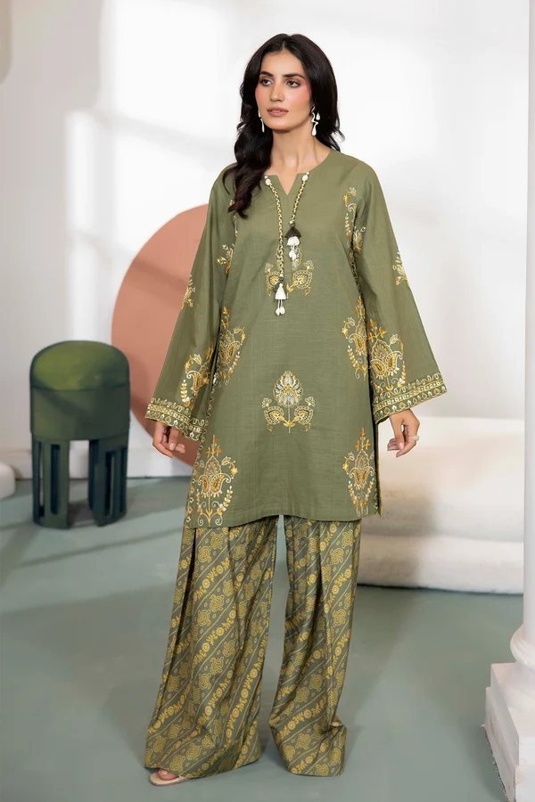 green Olivine Embroidered Khaddar Set