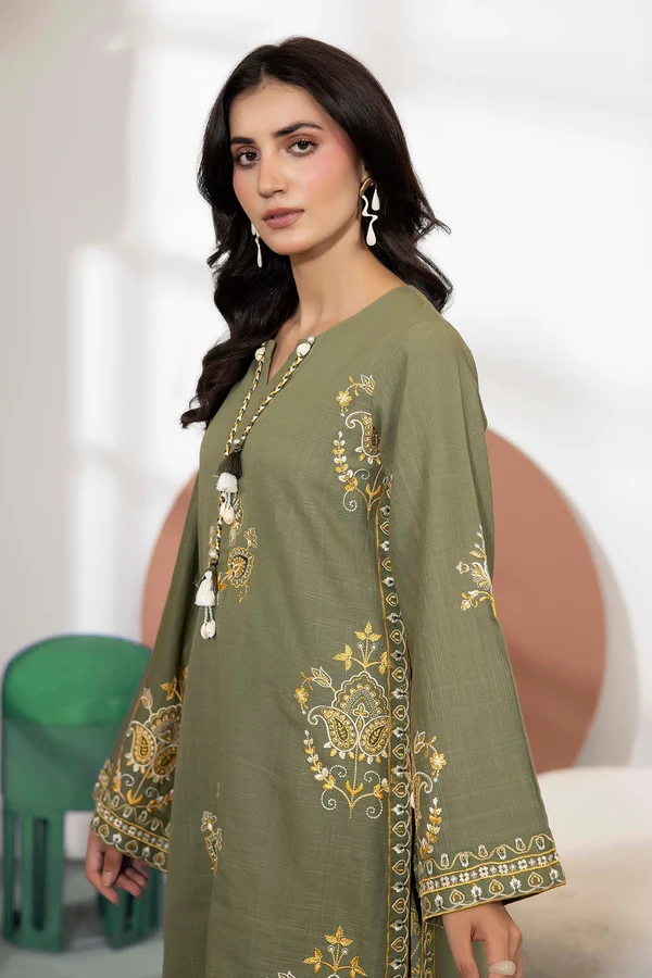 yygygyygreen Olivine Embroidered Khaddar Set